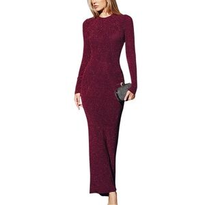 Commense Burgundy Shimmer Backless Bodycon Maxi Dress Open Back Knit Medium NWT